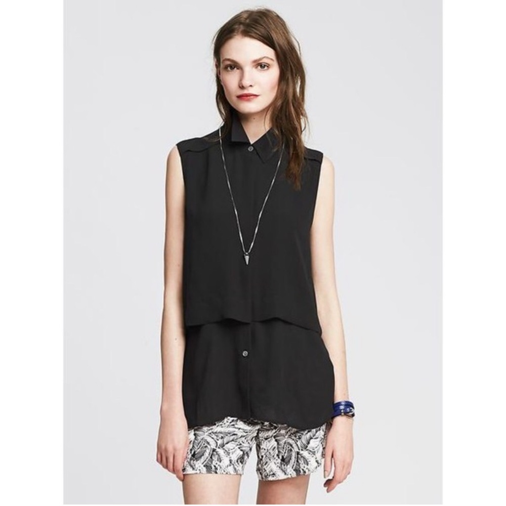 NWT Banana Republic Black Sleeveless Layered Tunic Blouse Button Up XS Flowy